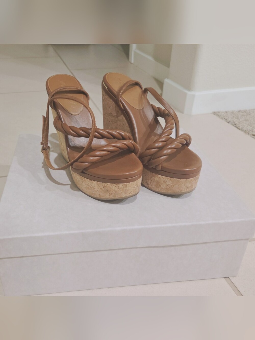 Jimmy Choo Brown Braided Cork Platform Sandals